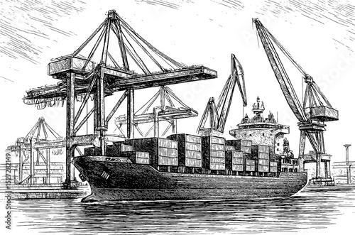 Container Ship in Port with Cranes in Detailed Black and White Engraved Line Art