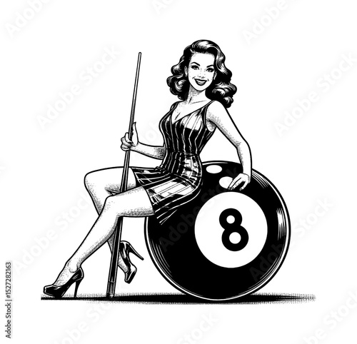Pinup Woman in Dress Sitting on Eight Ball Holding Cue Stick with Smiling Expression in Black and White