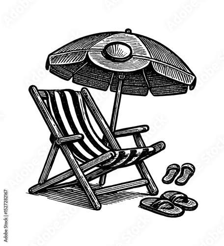 Beach chair and umbrella with slippers in engraved black and white graphic style