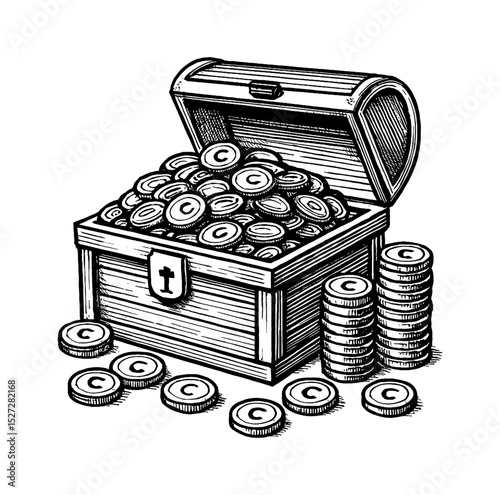 Treasure chest overflowing with coins in detailed black and white engraving art style