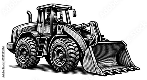 Front End Loader with Front Bucket Black and White Detailed Line Art Heavy Equipment Vehicle
