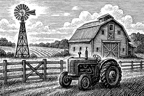 Vintage Farm Scene Featuring a Tractor, Barn, Windmill, and Fence in Detailed Engraving Style