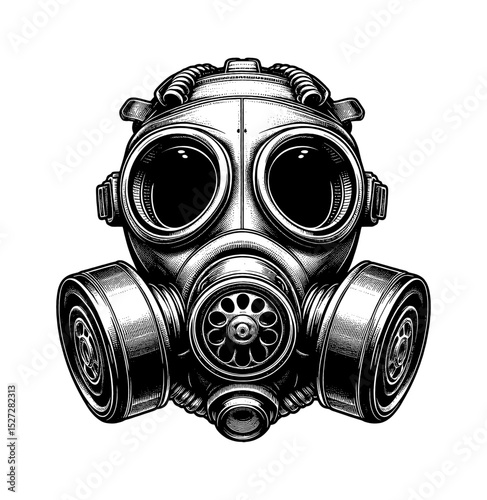 Detailed Engraving Style Gas Mask Isolated on White Background Front View Black and White