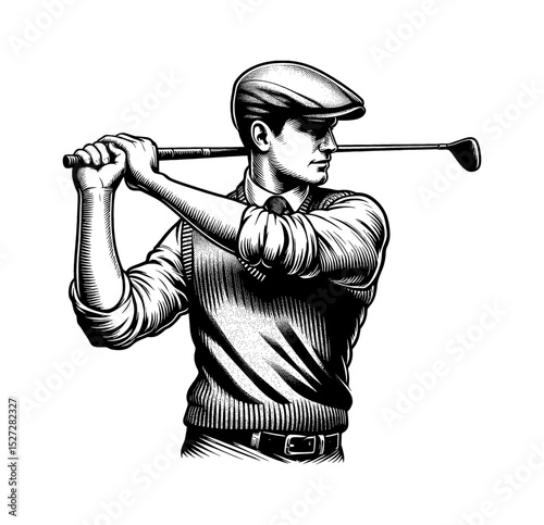 Man swinging golf club in black and white line art drawing style illustration