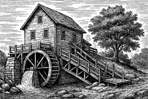 Detailed Engraving of a Historic Watermill with Wheel and Surrounding Landscape
