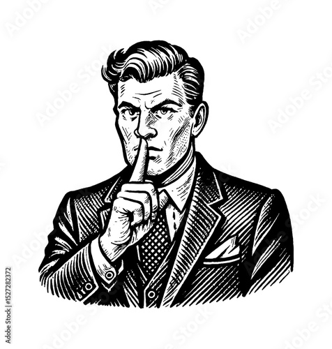 Man in Suit Gesturing Silence with Finger on Lips in Detailed Black and White Engraving
