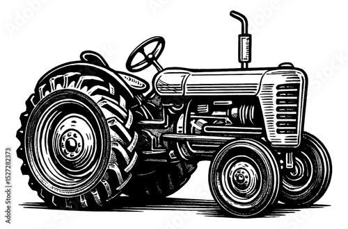 Detailed Black and White Line Art Drawing of Vintage Tractor with Side View