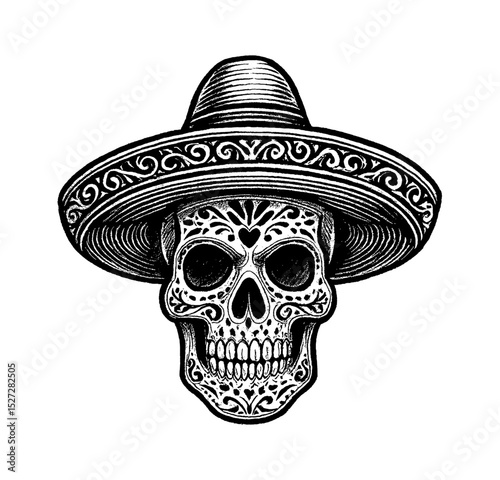 Detailed Skull with Sombrero Hat Illustration, Black and White Engraving Style with Floral Ornament