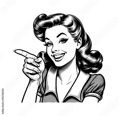 Happy Caucasian Woman Pointing with Finger in Retro Style Black and White Engraving