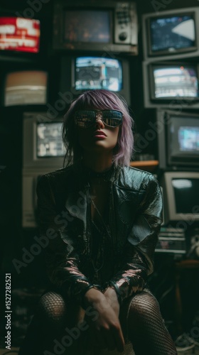 Retro Future: Woman in Sunglasses with Vintage TVs