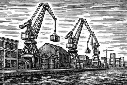 Engraved View of Docks with Cranes and Buildings on the Waterfront with Containers