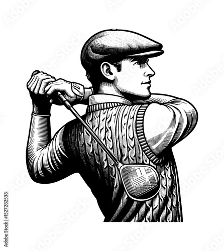 Man Preparing to Swing Golf Club in Detailed Black and White Engraving Style