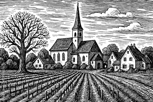 Engraved View of Church and Vineyard with Detailed Line Work and Cloudy Sky
