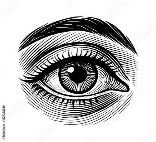 Engraved Human Eye with Eyelashes and Eyebrow in Black and White Detail