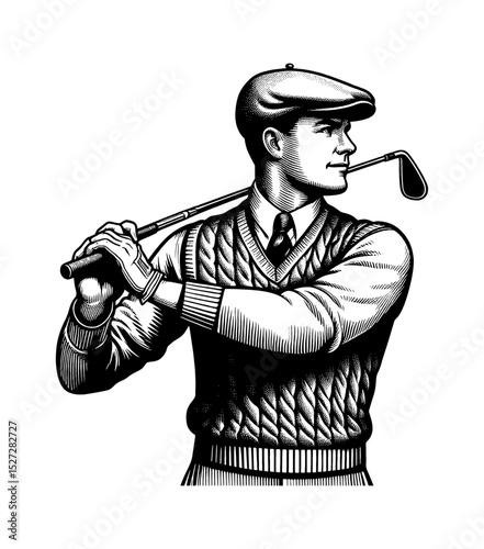 Engraved Illustration of a Golf Player Holding a Golf Club on His Shoulder