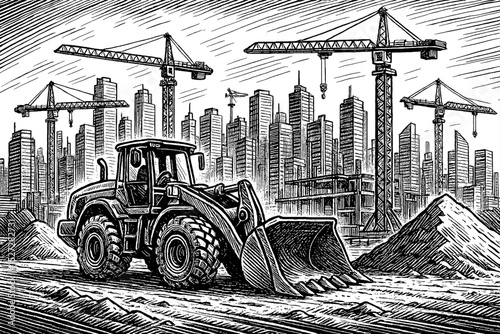 Excavator on Construction Site with Cranes and Buildings in Engraving Style