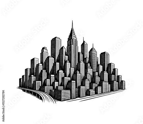 Detailed Black and White Cityscape with High Rise Buildings and a Winding Elevated Train Track
