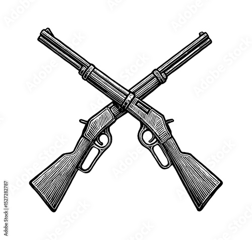 Crossed Antique Rifles Engraved Illustration Style in Black and White Detailed Vector Art