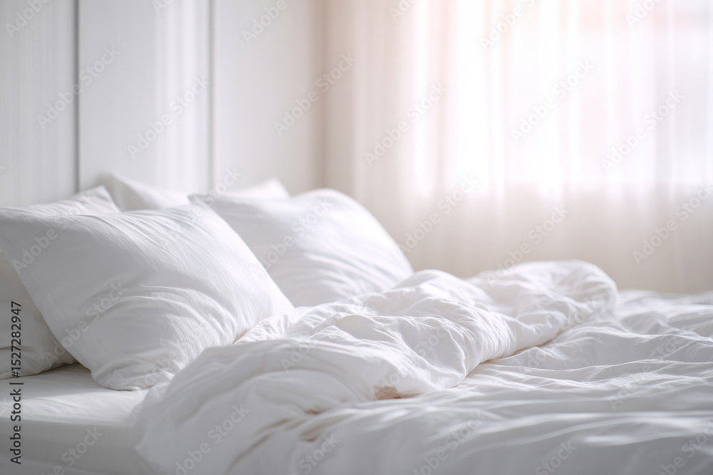 Obraz premium beautiful bed after sleep with rumpled sheets and soft light illuminating room