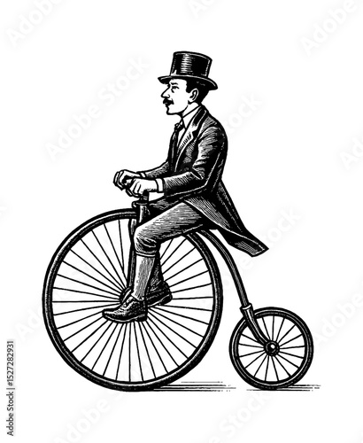 Man in suit and hat riding vintage bicycle in black and white detailed line art drawing
