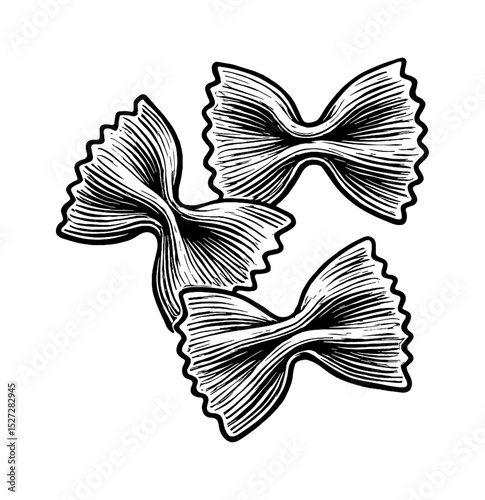 Three Bow Tie Pasta Farfalle Engraved Illustration in Detailed Black and White