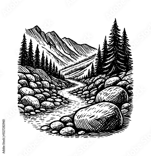 Black and White Engraved Illustration of a Mountain River Landscape with Trees