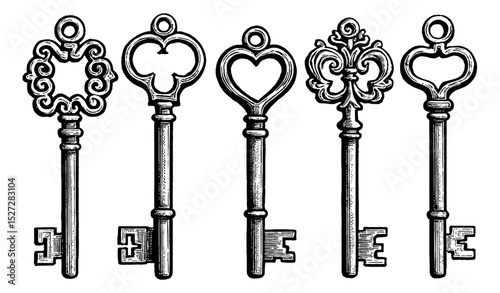 Variety of Ornate Antique Keys Engraving in Black and White, Decorative Old Key Collection