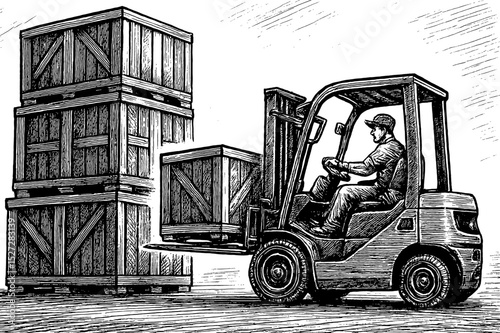 Forklift Lifting Crate Boxes in Warehouse, Black and White Detailed Engraving Style Illustration