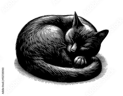 Engraved Illustration of a Black Cat Curled Up and Sleeping Peacefully on White Background