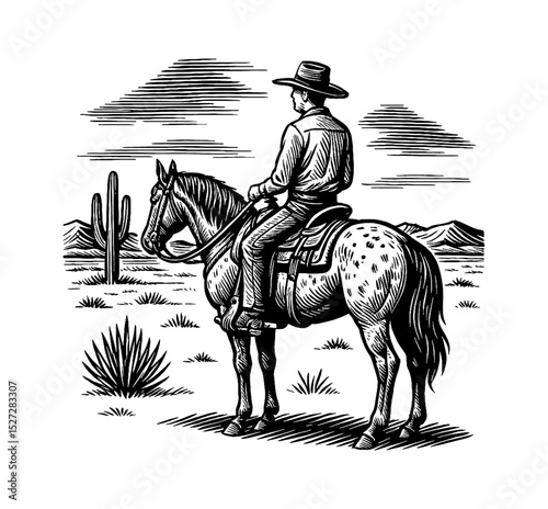 Cowboy riding a horse in the desert black and white detailed line art illustration