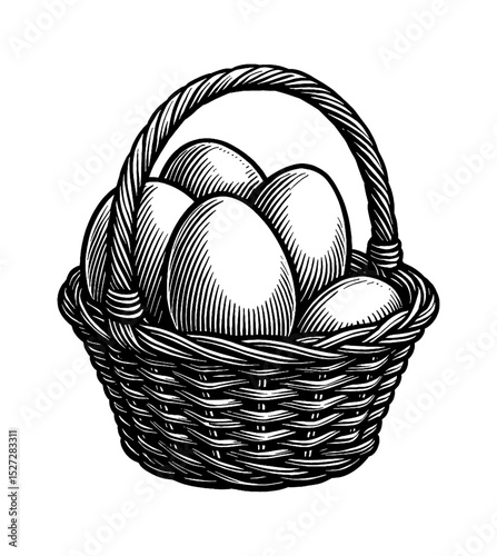 A basket full of eggs, detailed monochrome engraving drawing of the basket and eggs.
