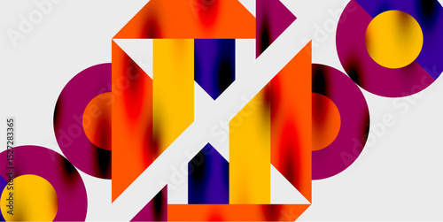 Abstract geometric design. Vivid colors blend, creating dynamic shapes. Bold composition with overlapping elements. Modern aesthetic.