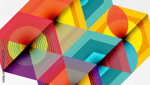 Abstract geometric composition. Vibrant colors, layered shapes create dynamic visual experience. Lines, angles define complex structure.