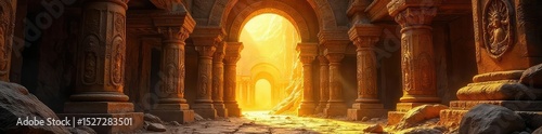 Golden light illuminates ancient, ornate carvings, hinting at a sacred, heavenly treasure The rich texture and glow suggest divine power and untold wealth , mystical, holy, golden light
