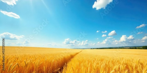 Golden wheat field stretches to the horizon under a vast blue sky, ripe for harvest A picturesque scene of rural abundance and agricultural prosperity , rich, picturesque, landscape