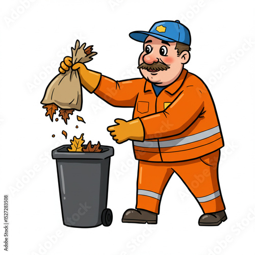 Cartoon Male Street Janitor Throwing Dry Foliage Bag Vector Illustration