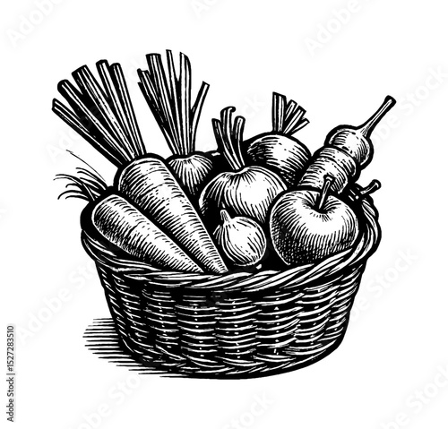 Basket full of fresh vegetables and fruits in detailed vintage engraving black and white drawing