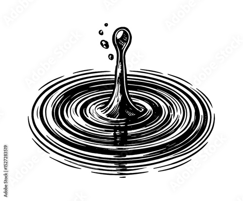 A Water Droplet Creates Ripples on the Surface in Black and White Engraving Art