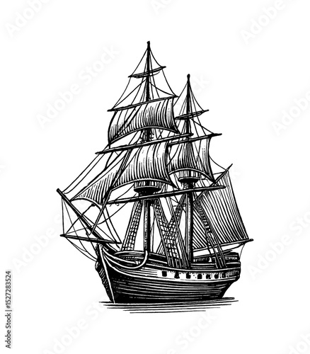 Sailing ship in black and white engraved illustration style, tall ship frigate on white background