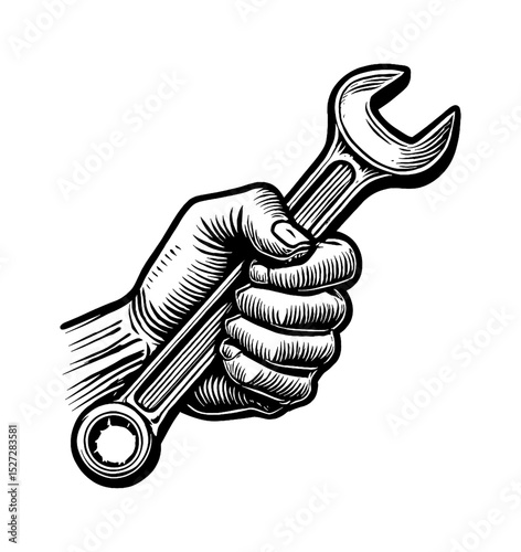 Hand Holding Wrench Tool in Detailed Black and White Illustration Style