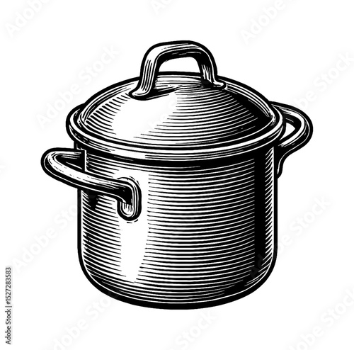 Engraved illustration of a cooking pot with lid and handles in black and white