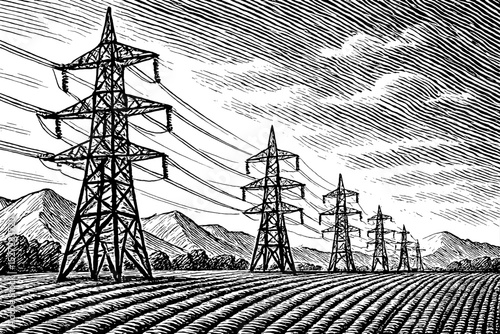 Electrical pylons stretching into the distance with landscape and cloudy skies engraving art