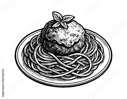 Engraved Illustration of Spaghetti with Meatball and Basil in Black and White