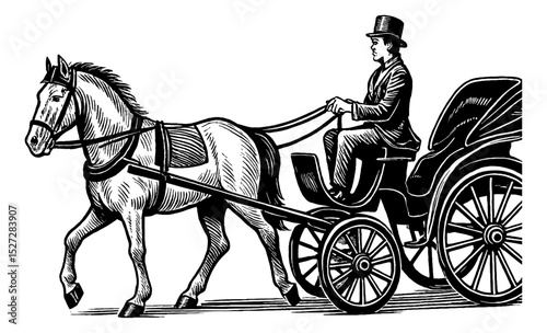 Illustration of horse drawn carriage with coachman wearing top hat, victorian era, black and white