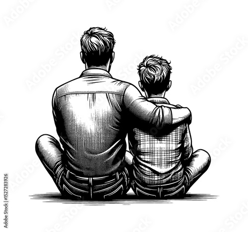 Father and Son Sitting Together with Arms Around Each Other in Detailed Black and White Outline