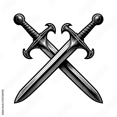 Two Crossed Swords in Black and White Engraving Style, Medieval Weaponry Design