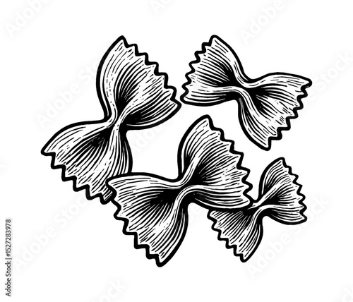 Engraved Black and White Illustration of Farfalle Pasta Bow Tie Pasta Design
