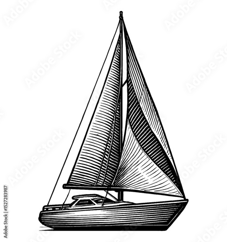 Engraved Illustration of a Sailboat with Detailed Shading on a White Background