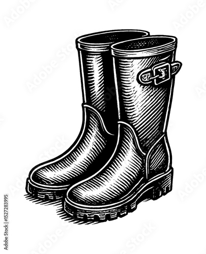 Detailed Black and White Engraving of Two Rubber Boots with Buckles and Treaded Soles