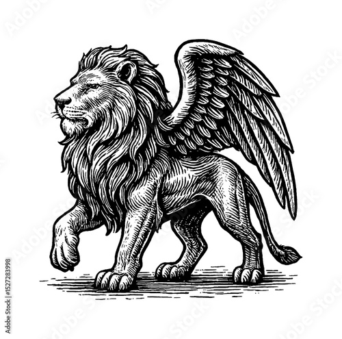 Engraved Image of a Winged Lion Walking with Detailed Lines in Black and White Side View